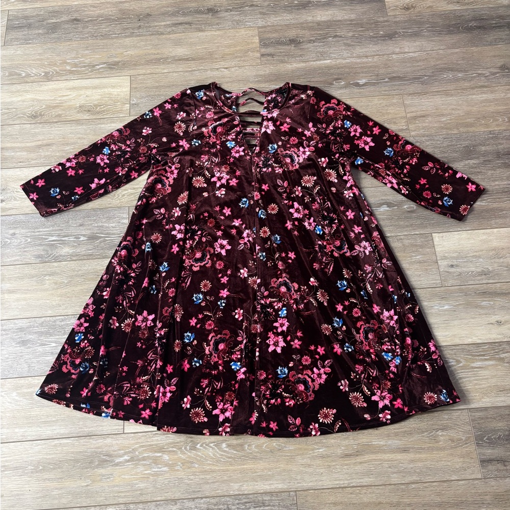 Torrid Velvet Dress Sz 3 Floral Ladder Neck Hippie Boho Whimsigoth Renaissance